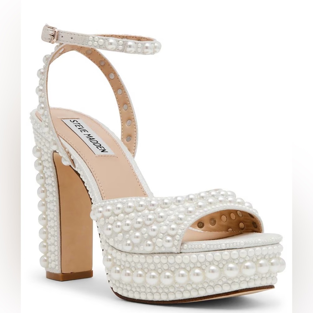 Steve Madden - Assured Pearl Embellished Ankle Strap Block Heel Platform Sandals